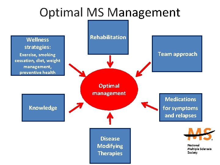 Optimal MS Management Wellness strategies: Rehabilitation Team approach Exercise, smoking cessation, diet, weight management,