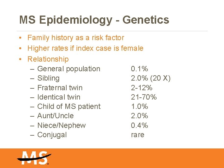 MS Epidemiology - Genetics • Family history as a risk factor • Higher rates