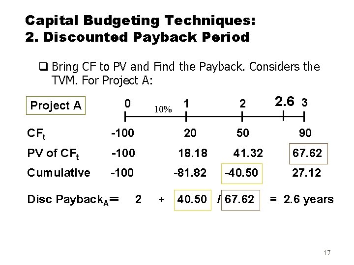 Capital Budgeting Techniques: 2. Discounted Payback Period q Bring CF to PV and Find