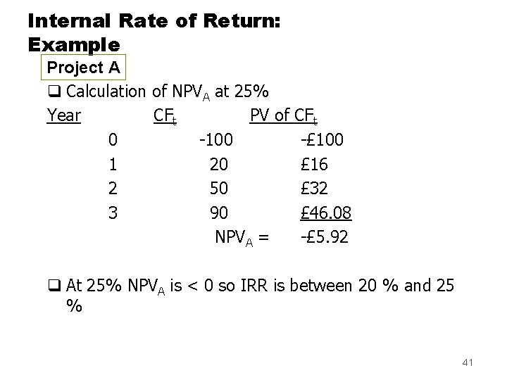 Internal Rate of Return: Example Project A q Calculation of NPVA at 25% Year