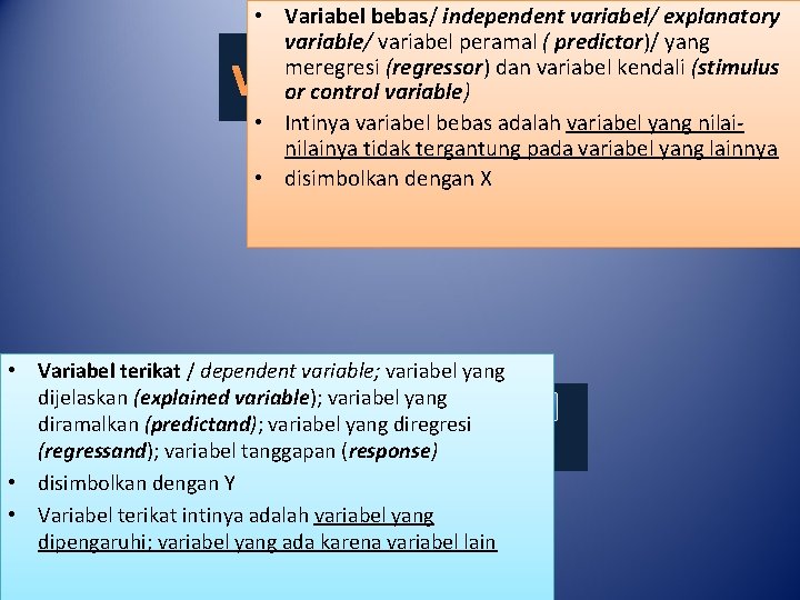  • Variabel bebas/ independent variabel/ explanatory variable/ variabel peramal ( predictor)/ yang meregresi