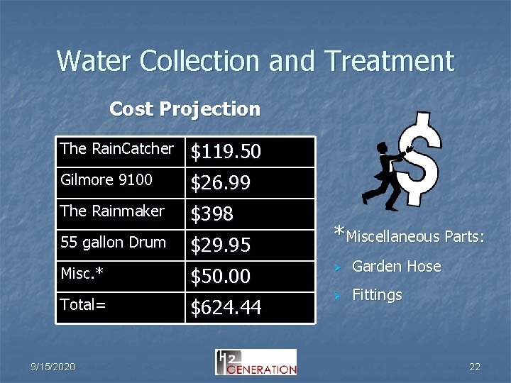 Water Collection and Treatment Cost Projection The Rain. Catcher $119. 50 Gilmore 9100 $26.