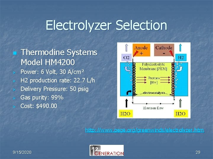 Electrolyzer Selection n Ø Ø Ø Thermodine Systems Model HM 4200 Power: 6 Volt,