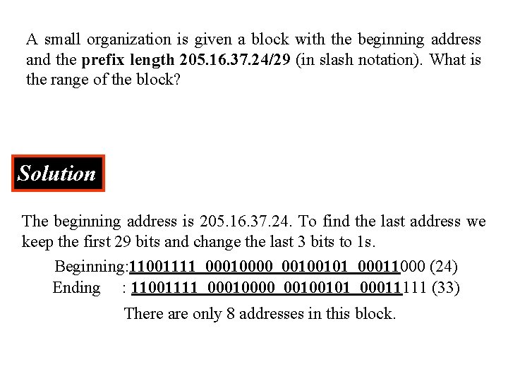 A small organization is given a block with the beginning address and the prefix