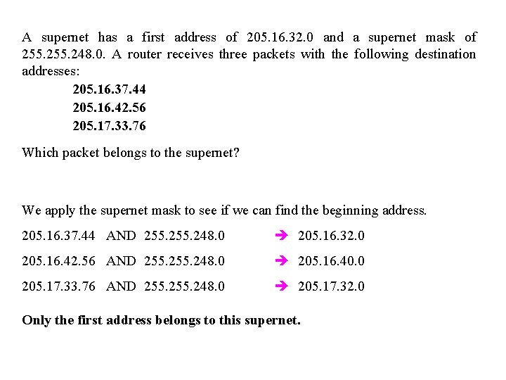 A supernet has a first address of 205. 16. 32. 0 and a supernet