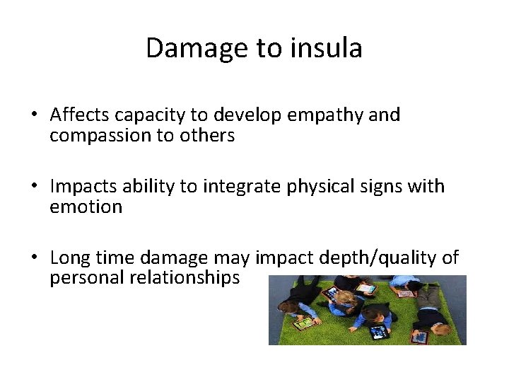 Damage to insula • Affects capacity to develop empathy and compassion to others •