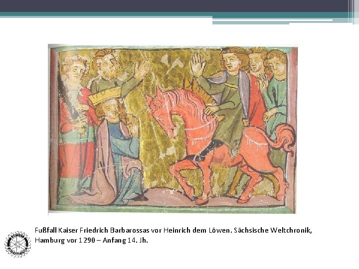 Fußfall Kaiser Friedrich Barbarossas vor Heinrich dem Löwen. Sächsische Weltchronik, Hamburg vor 1290 –