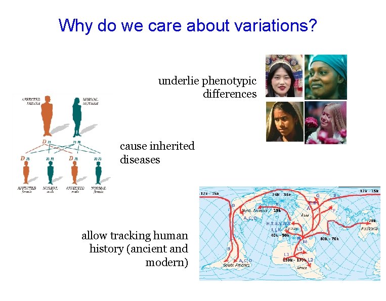 Why do we care about variations? underlie phenotypic differences cause inherited diseases allow tracking