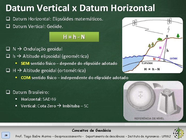 Datum Vertical x Datum Horizontal q Datum Horizontal: Elipsóides matemáticos. q Datum Vertical: Geóide.