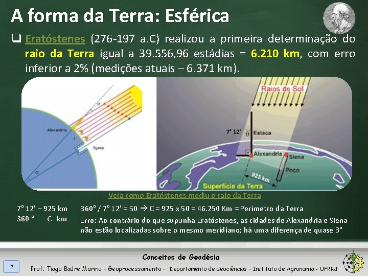 A forma da Terra: Esférica q Eratóstenes (276 -197 a. C) realizou a primeira
