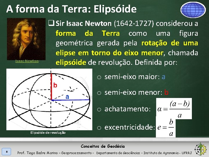 A forma da Terra: Elipsóide Isaac Newton q Sir Isaac Newton (1642 -1727) considerou