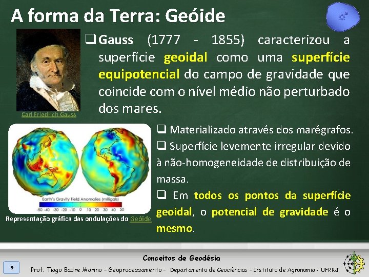 A forma da Terra: Geóide Carl Friedrich Gauss q Gauss (1777 - 1855) caracterizou