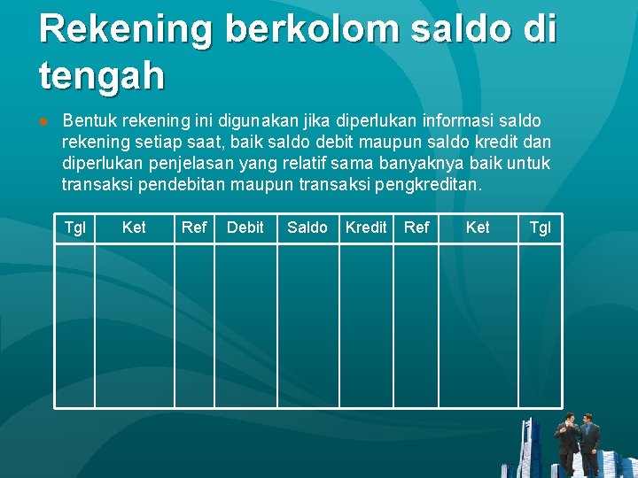 Rekening berkolom saldo di tengah ● Bentuk rekening ini digunakan jika diperlukan informasi saldo