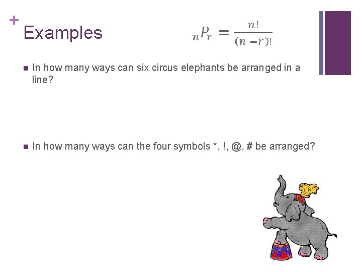 + Examples n In how many ways can six circus elephants be arranged in
