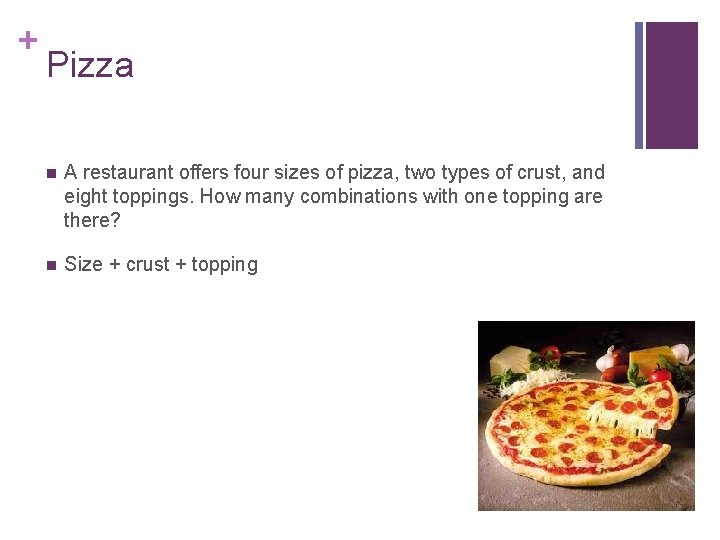 + Pizza n A restaurant offers four sizes of pizza, two types of crust,