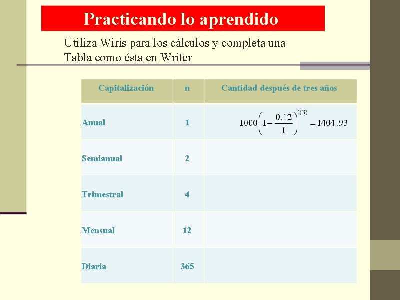 Practicando lo aprendido Utiliza Wiris para los cálculos y completa una Tabla como ésta