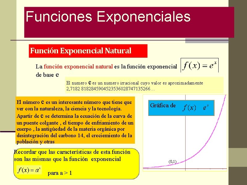 Funciones Exponenciales Función Exponencial Natural La función exponencial natural es la función exponencial de