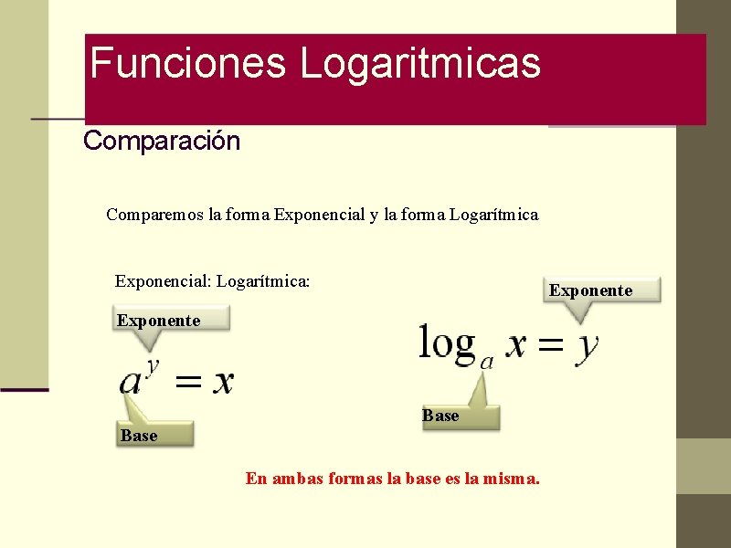 Funciones Logaritmicas Comparación Comparemos la forma Exponencial y la forma Logarítmica Exponencial: Logarítmica: Exponente