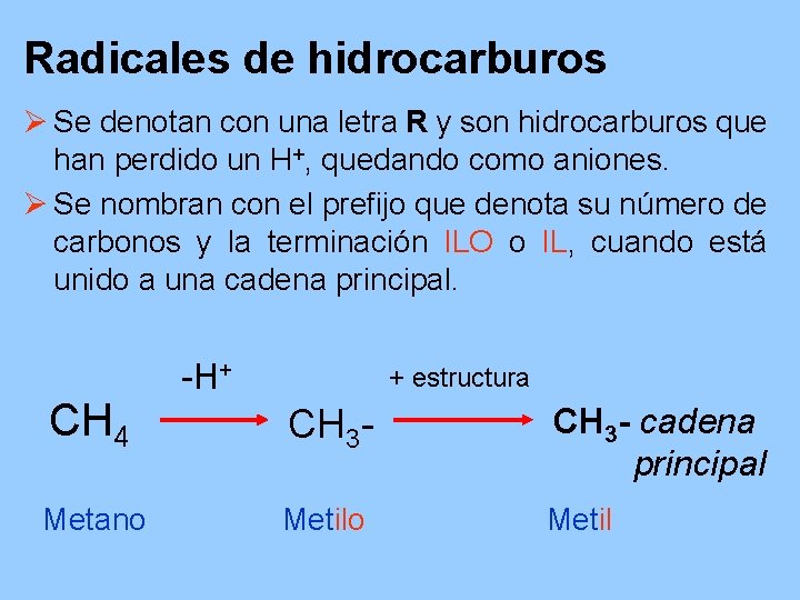 Radicales de hidrocarburos Ø Se denotan con una letra R y son hidrocarburos que