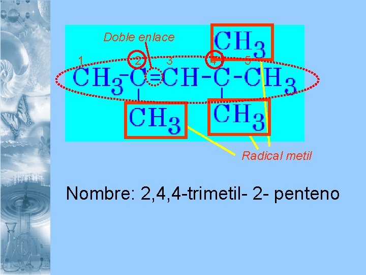 Doble enlace 1 2 3 4 5 Radical metil Nombre: 2, 4, 4 -trimetil-