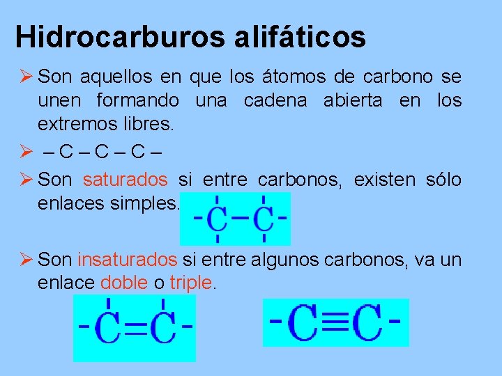 Hidrocarburos alifáticos Ø Son aquellos en que los átomos de carbono se unen formando