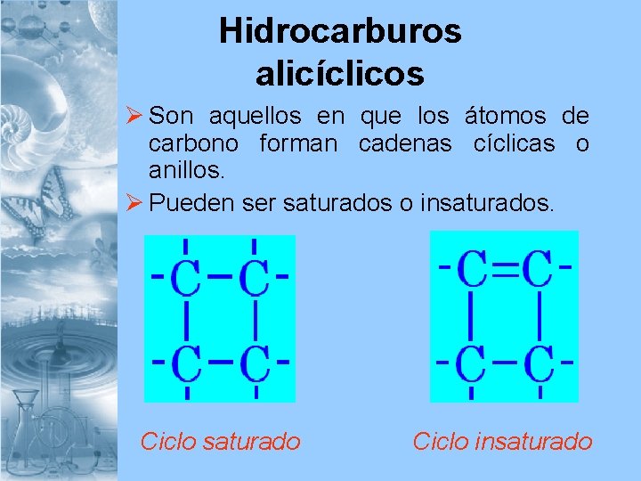 Hidrocarburos alicíclicos Ø Son aquellos en que los átomos de carbono forman cadenas cíclicas