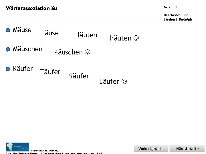 Übungsart: Wörterassoziation äu Seite: 9 Bearbeitet von: Siegbert Rudolph Mäuse Läuse Mäuschen Käufer läuten