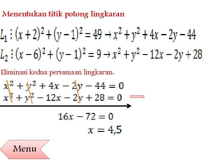 Menentukan titik potong lingkaran Eliminasi kedua persamaan lingkaran: Menu 