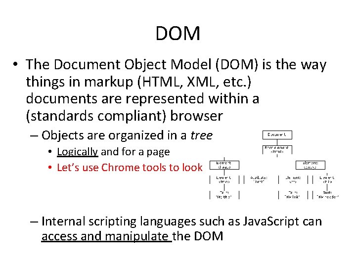 DOM • The Document Object Model (DOM) is the way things in markup (HTML,