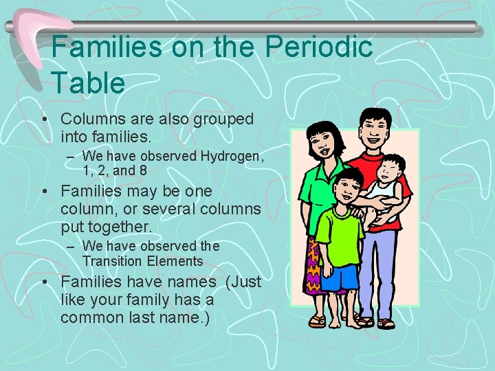 Families on the Periodic Table • Columns are also grouped into families. – We