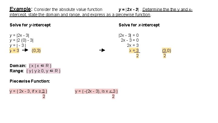 Example: Consider the absolute value function y = |2 x - 3|. Determine the