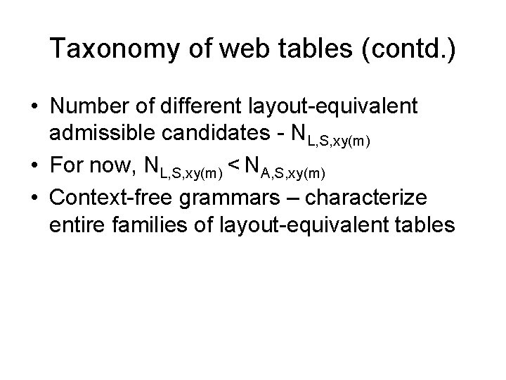 Taxonomy of web tables (contd. ) • Number of different layout-equivalent admissible candidates -