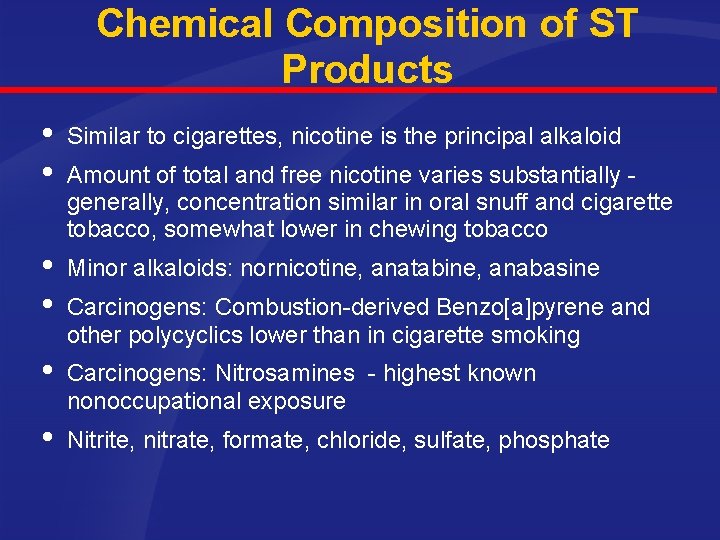 Chemical Composition of ST Products Similar to cigarettes, nicotine is the principal alkaloid Minor