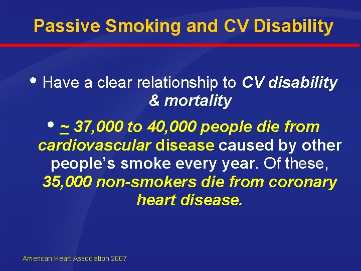 Passive Smoking and CV Disability Have a clear relationship to CV disability & mortality
