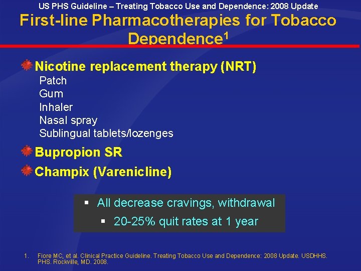 US PHS Guideline – Treating Tobacco Use and Dependence: 2008 Update First-line Pharmacotherapies for