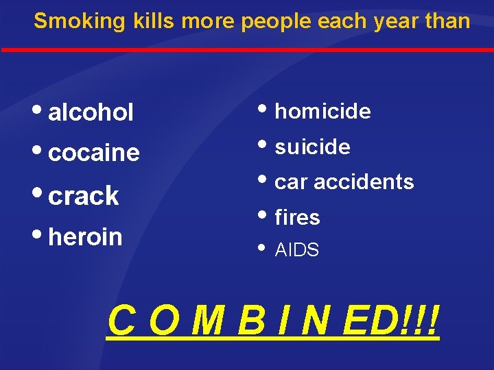 Smoking kills more people each year than alcohol cocaine crack heroin homicide suicide car