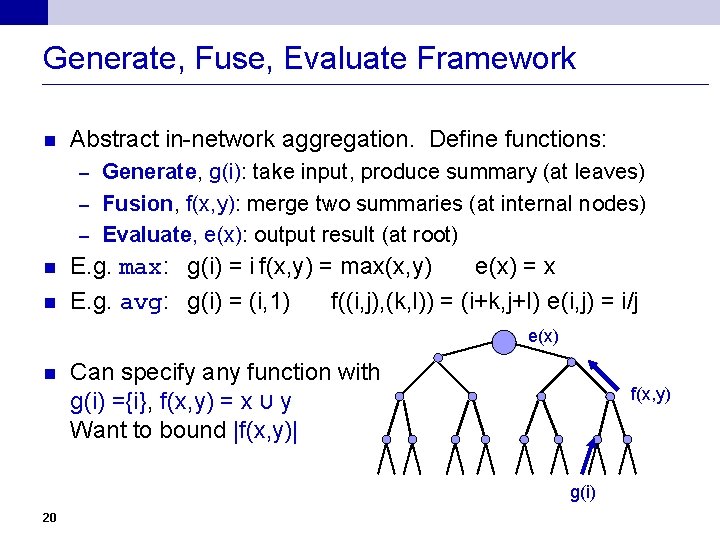 Generate, Fuse, Evaluate Framework n Abstract in-network aggregation. Define functions: Generate, g(i): take input,