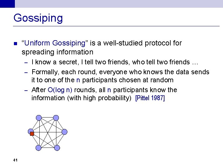 Gossiping n “Uniform Gossiping” is a well-studied protocol for spreading information I know a