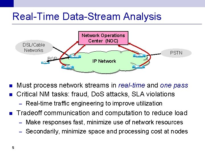 Real-Time Data-Stream Analysis Network Operations Center (NOC) DSL/Cable Networks PSTN BGP n n Must