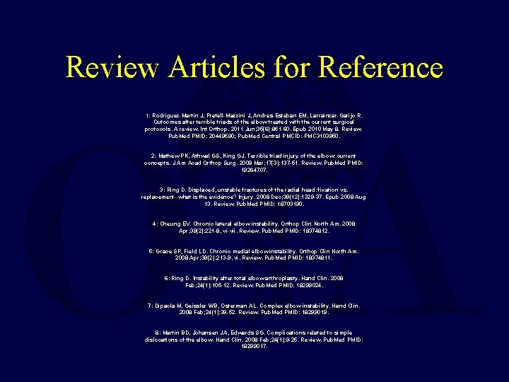 Review Articles for Reference 1: Rodriguez-Martin J, Pretell-Mazzini J, Andres-Esteban EM, Larrainzar-Garijo R. Outcomes