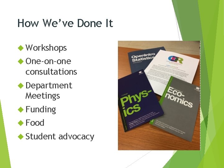 How We’ve Done It Workshops One-on-one consultations Department Meetings Funding Food Student advocacy 
