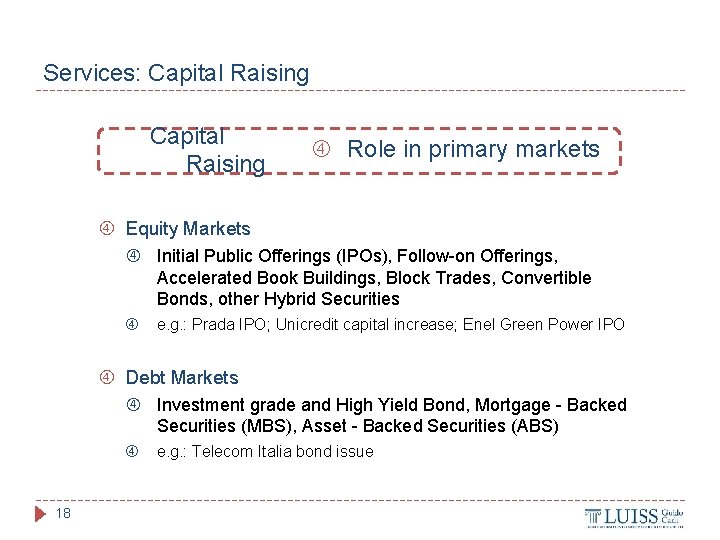 Services: Capital Raising Role in primary markets Equity Markets Initial Public Offerings (IPOs), Follow-on