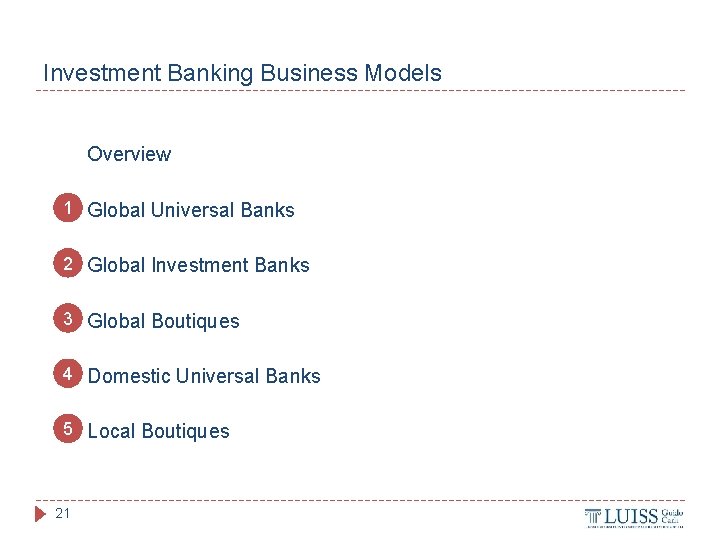 Investment Banking Business Models Overview 1 Global Universal Banks 2 Global Investment Banks 3