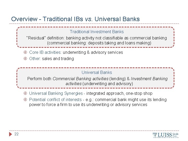 Overview - Traditional IBs vs. Universal Banks Traditional Investment Banks “Residual” definition: banking activity