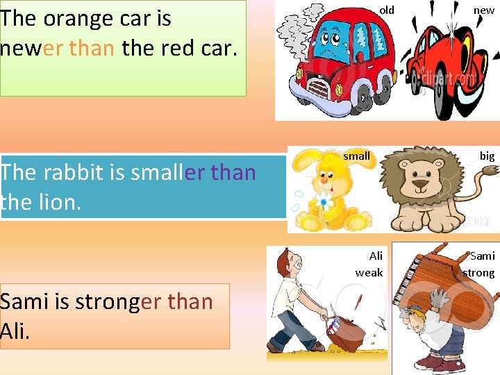The orange car is newer than the red car. The rabbit is smaller than