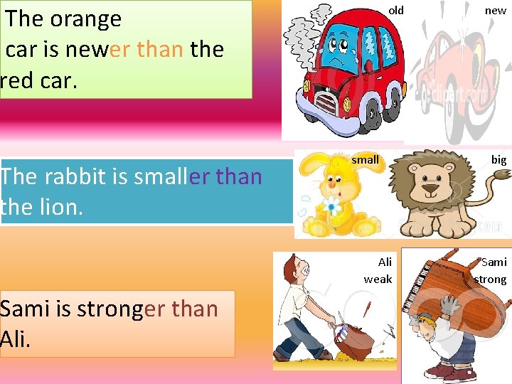 The orange car is newer than the red car. The rabbit is smaller than