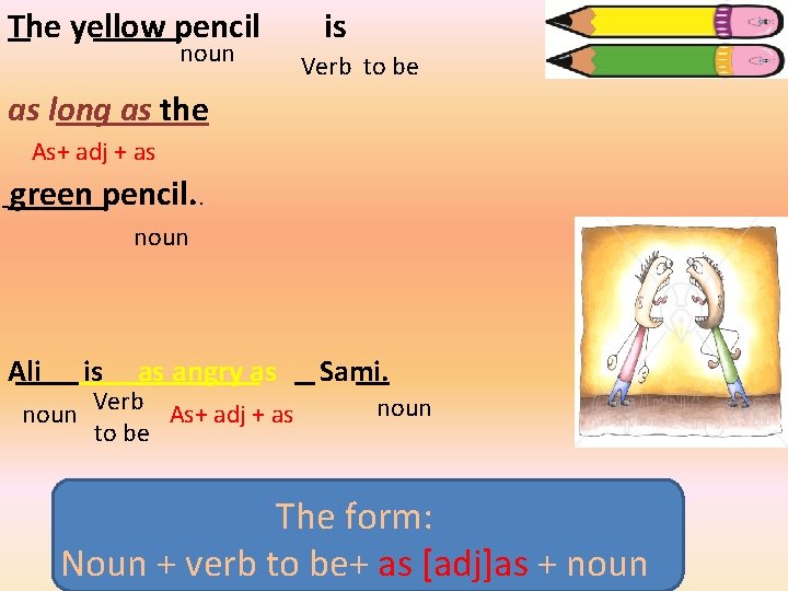 The yellow pencil noun is Verb to be as long as the As+ adj