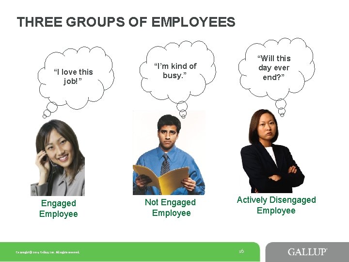 THREE GROUPS OF EMPLOYEES “I love this job!” Engaged Employee Copyright © 2014 Gallup, THREE GROUPS OF EMPLOYEES “I love this job!” Engaged Employee Copyright © 2014 Gallup,