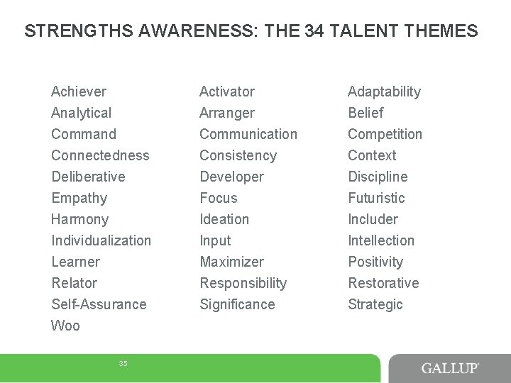 STRENGTHS AWARENESS: THE 34 TALENT THEMES Achiever Analytical Activator Arranger Adaptability Belief Command Connectedness STRENGTHS AWARENESS: THE 34 TALENT THEMES Achiever Analytical Activator Arranger Adaptability Belief Command Connectedness