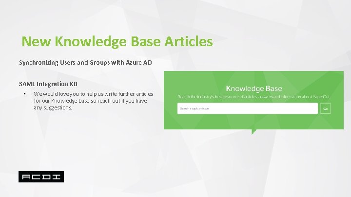 New Knowledge Base Articles Synchronizing Users and Groups with Azure AD SAML Integration KB